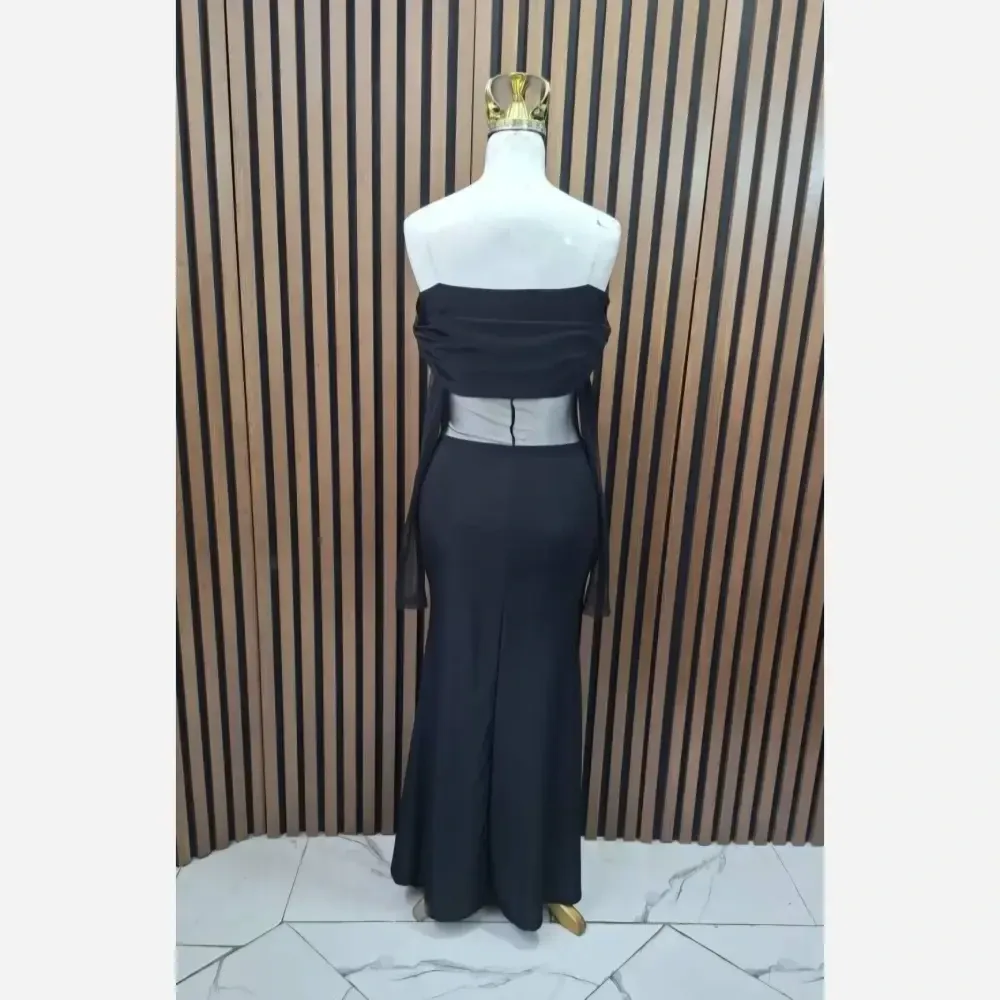 ماکسی فریال جنس فلامنت و تور رنگ مشکی سایز 36 دکلته کشسان