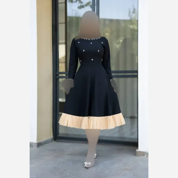 پیراهن مجلسی زنانه دالقیچ تور و نگین مشکی قد 115 سایز 40 تا 52