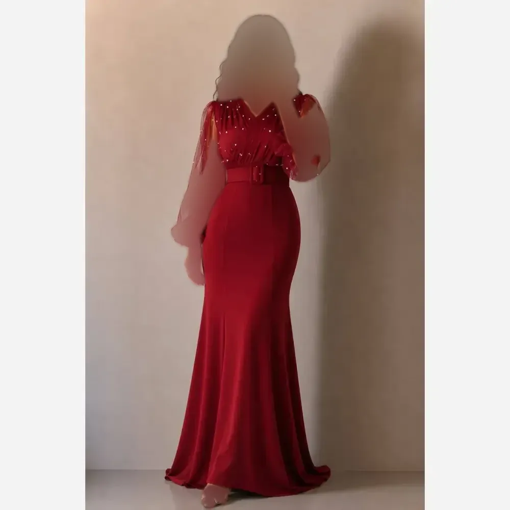 پیراهن مجلسی زنانه جنس کرپ کش و تور مدل ستاره مرواریددوزی شده کمربنددار