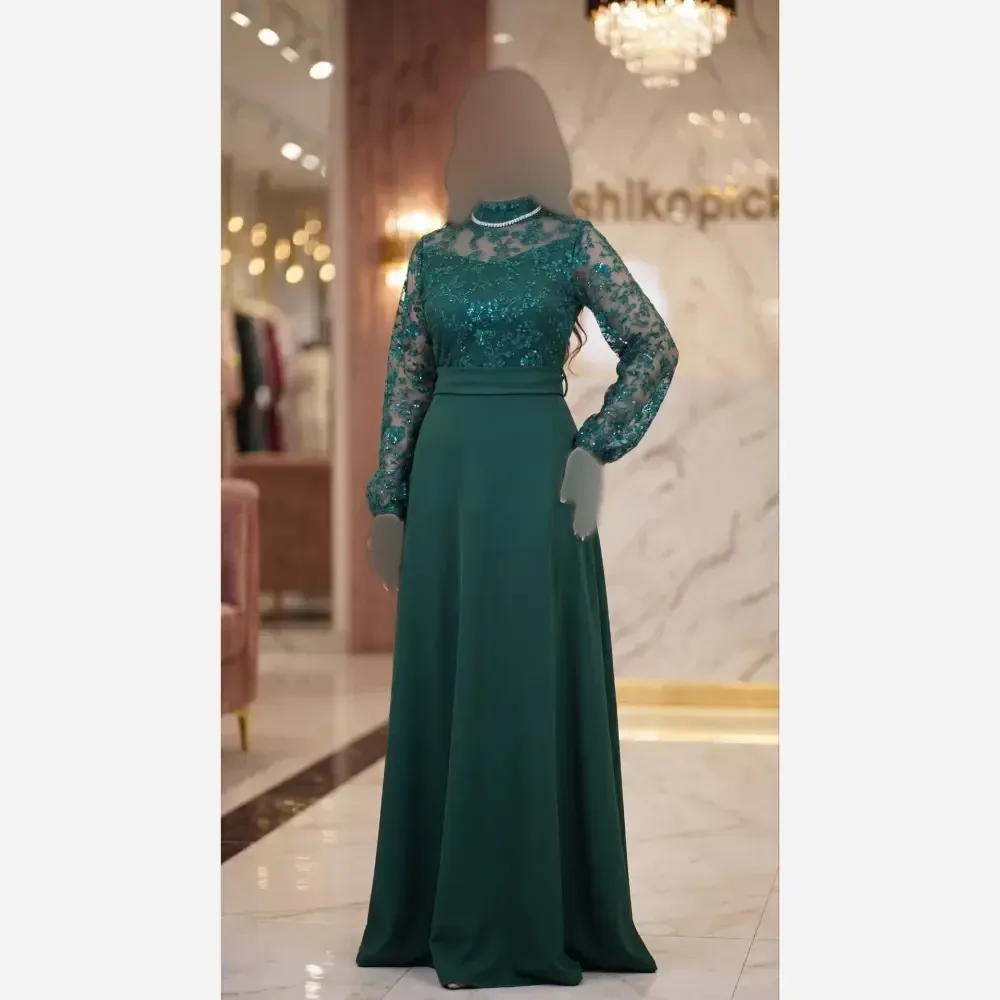 پیراهن مجلسی زنانه حریر شاین و کرپ غواصی کمربنددار مدل مهگل رنگ مشکی و سبز