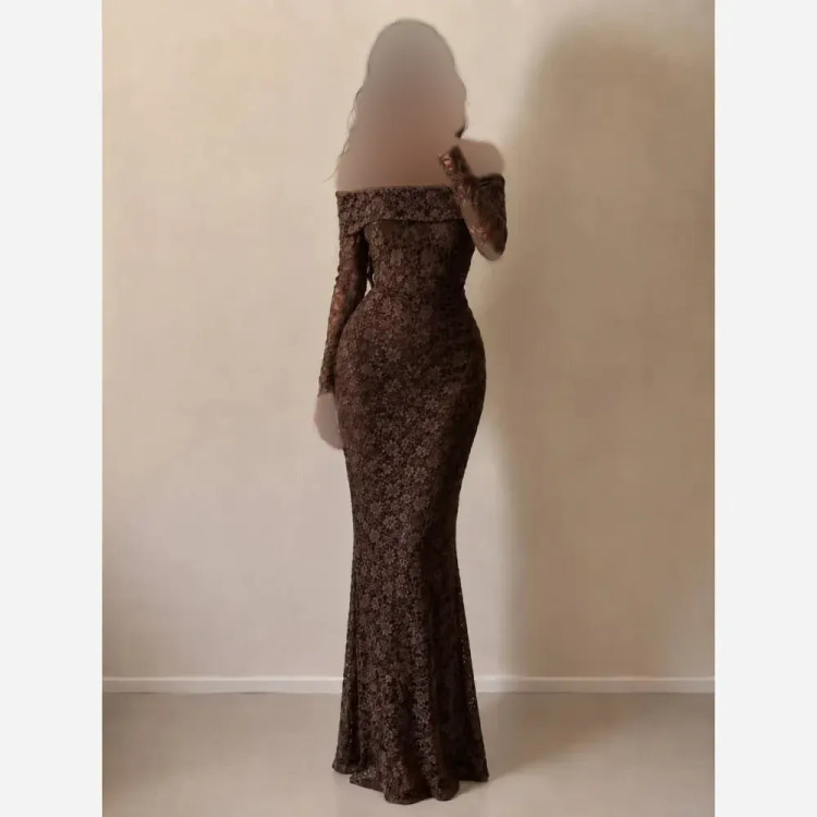 ماکسی دانتل مخمل آستردار بلند مجلسی زنانه رنگ مشکی و قهوه ای