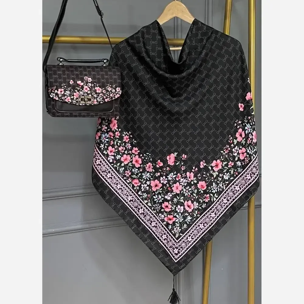 ست کیف و روسری مخمل و چرم صنعتی نخی منگوله دار طرح گل دی