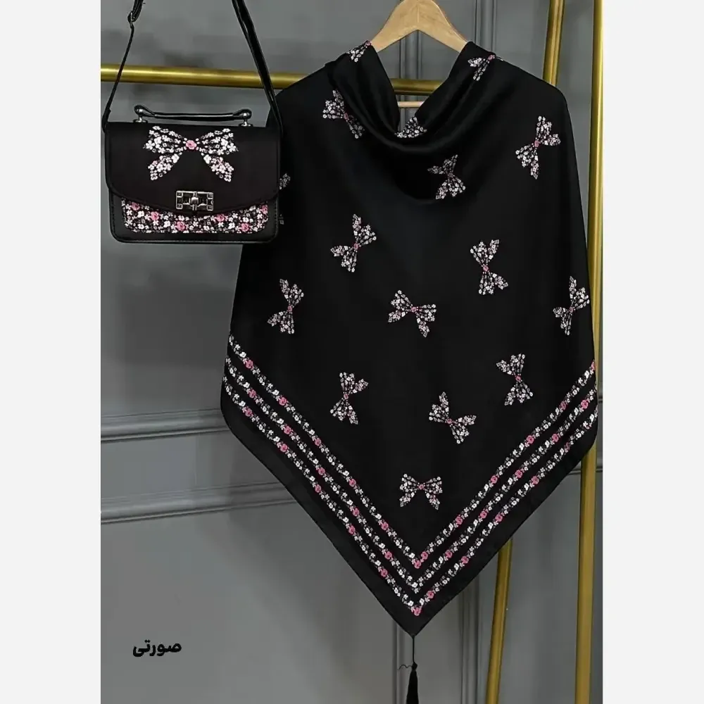 ست کیف و روسری پاپیون رز مخمل و چرم صنعتی نخی منگوله دار قواره 130