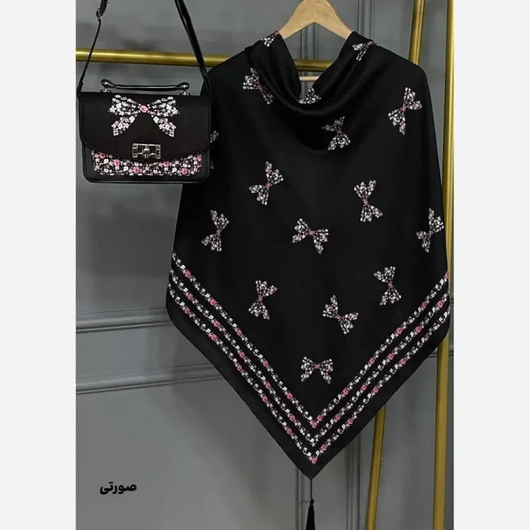 ست کیف و روسری پاپیون رز مخمل و چرم صنعتی نخی منگوله دار قواره 130