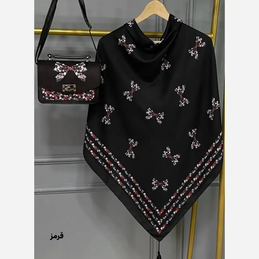 ست کیف و روسری پاپیون رز مخمل و چرم صنعتی نخی منگوله دار قواره 130