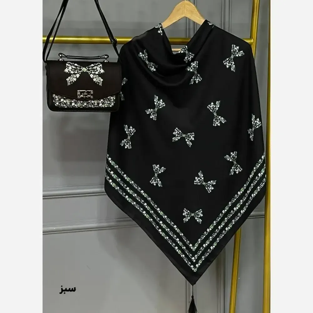 ست کیف و روسری پاپیون رز مخمل و چرم صنعتی نخی منگوله دار قواره 130