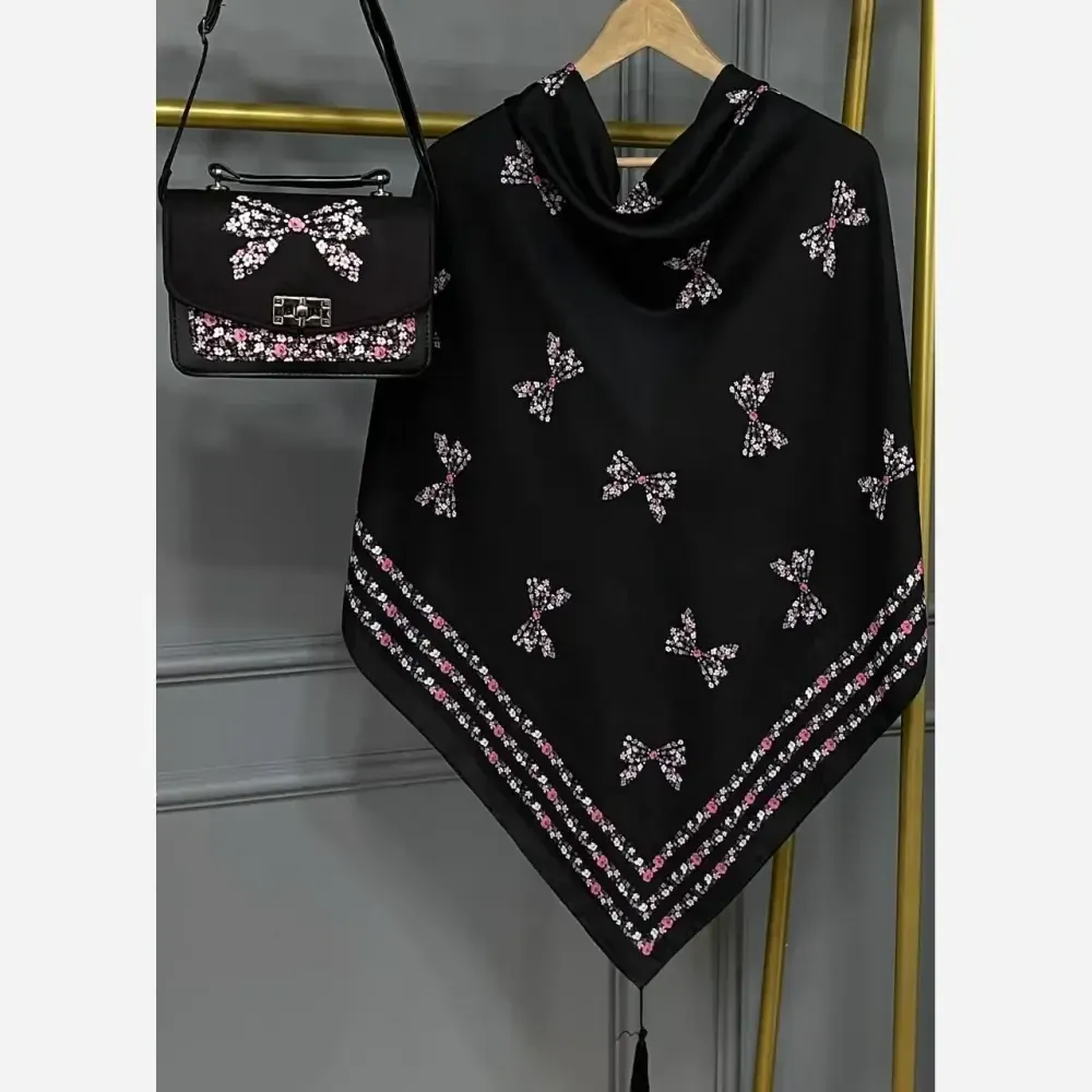 ست کیف و روسری پاپیون رز مخمل و چرم صنعتی نخی منگوله دار قواره 130