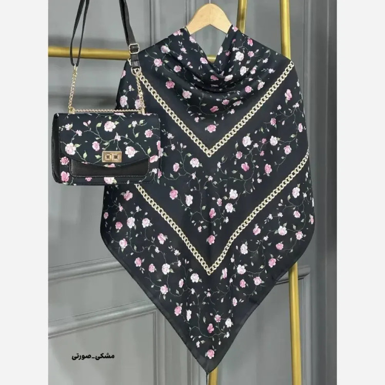 ست کیف و روسری گلسار مخمل و چرم صنعتی نخی منگوله دار سایز 130