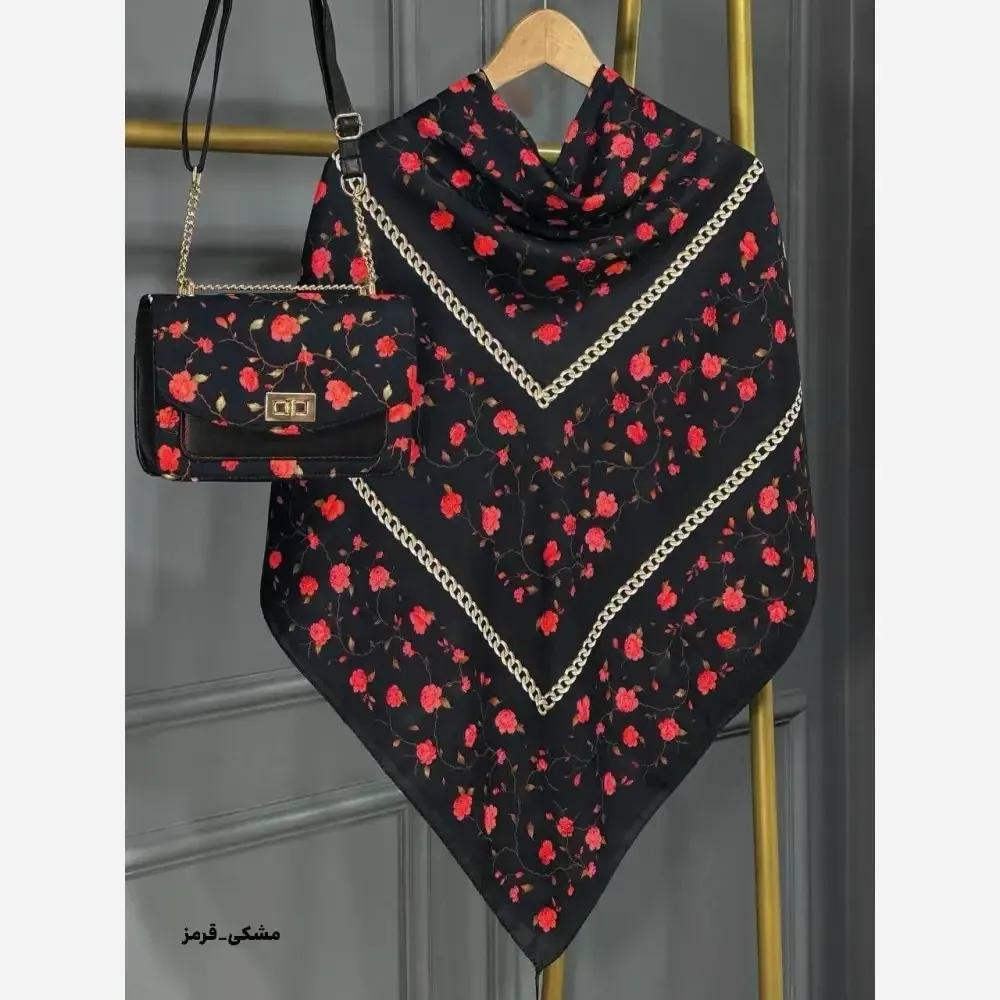 ست کیف و روسری گلسار مخمل و چرم صنعتی نخی منگوله دار سایز 130