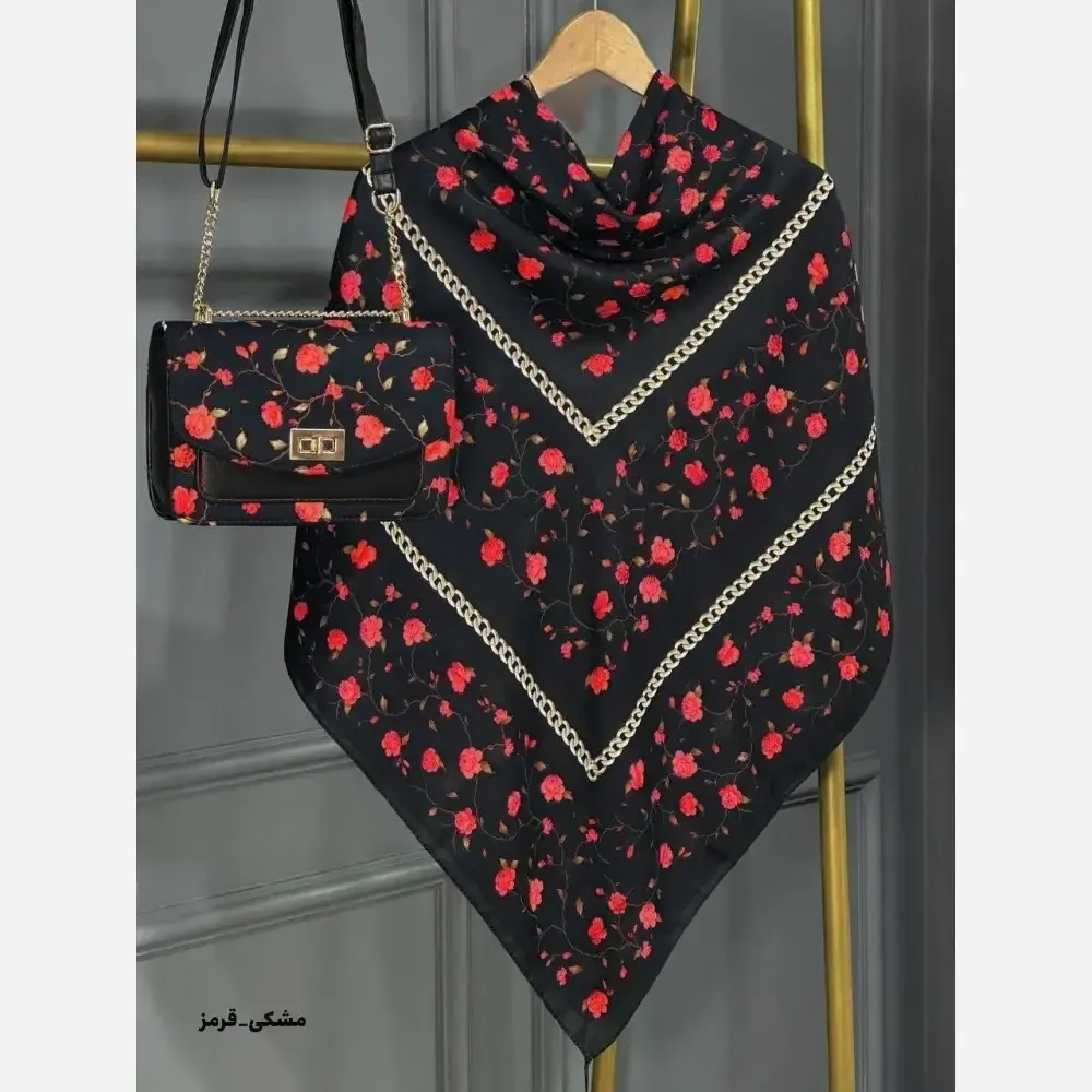 ست کیف و روسری گلسار مخمل و چرم صنعتی نخی منگوله دار سایز 130