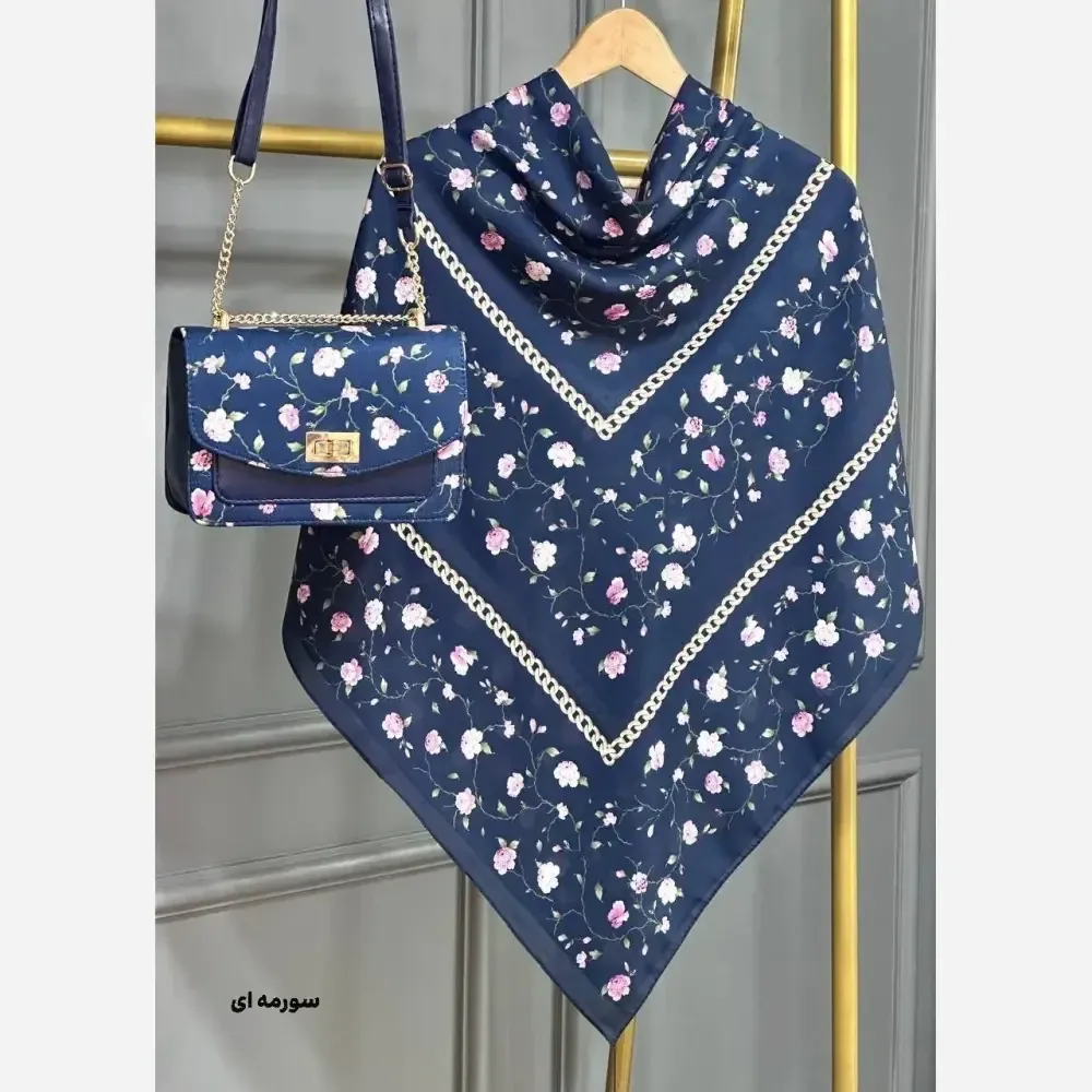 ست کیف و روسری گلسار مخمل و چرم صنعتی نخی منگوله دار سایز 130