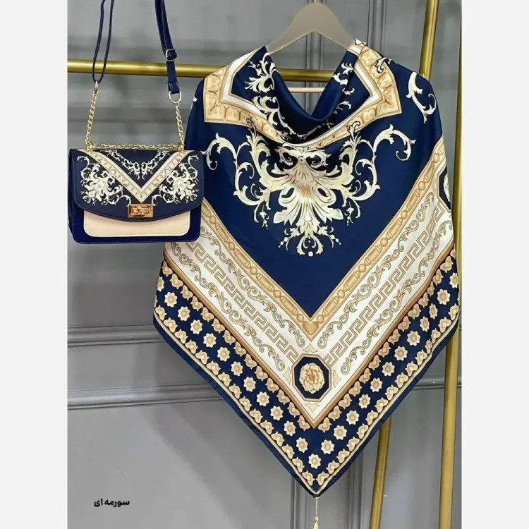 ست کیف و روسری مخمل و چرم صنعتی سورنا رنگ سرمهای و مشکی سفید