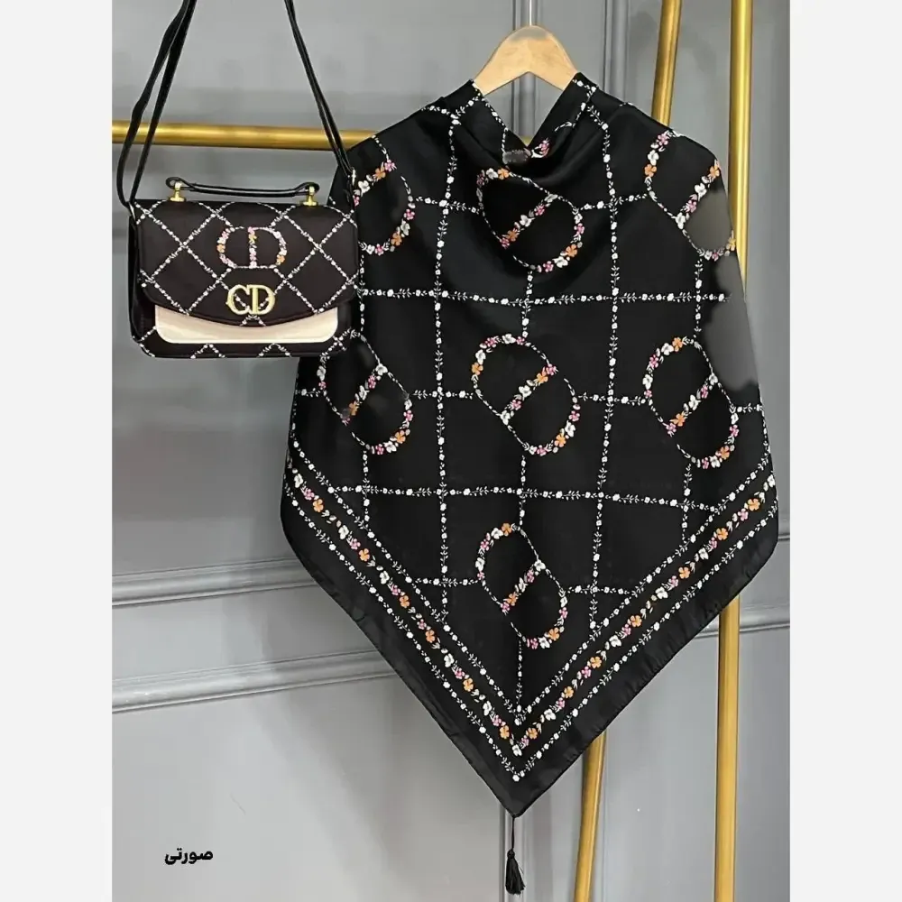 ست کیف و روسری طرح دیور مخمل و چرم صنعتی نخی منگوله دار سایز 130 طوسی سورمه ای
