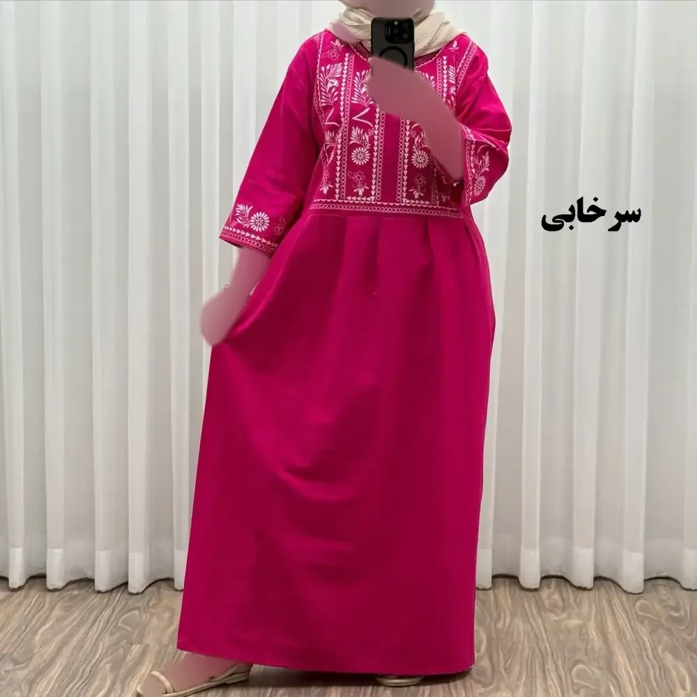 پیراهن زنانه لینن طرح مایا فری سایز مناسب تا 48 با کمربند