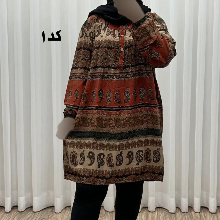 تونیک سایزبزرگ وارداتی مدل ترمه افقی کد 1617 جنس نخی چهارفصل زنانه سایز 6 تا 8