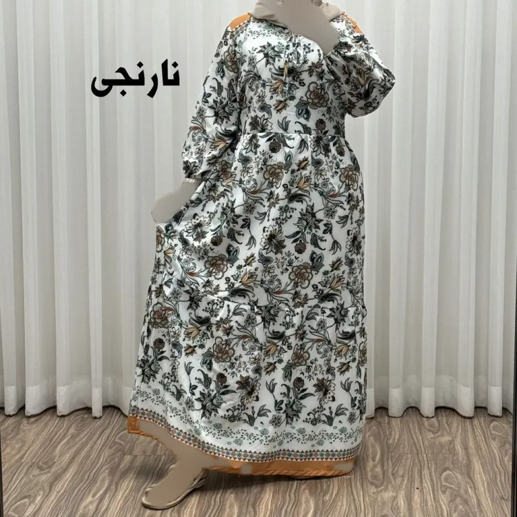 پیراهن فلور بوگاتی حاشیه دار نخی فری سایز تا 50 بنددار چهارفصل زنانه شیک