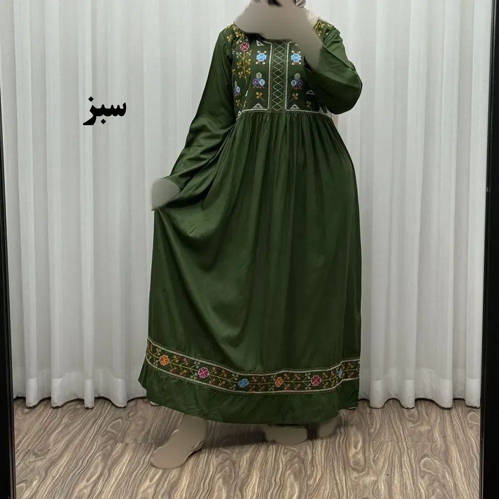 پیراهن نخی هندی سلن گلدوزی فری سایز تا 50 کمربنددار چهارفصل زنانه شیک