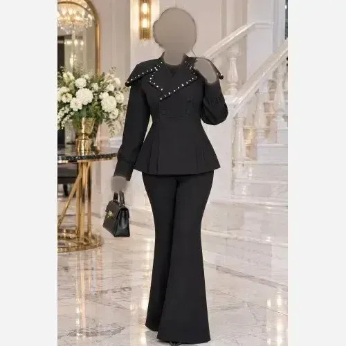 کت و شلوار جواهردوزی زنانه مدل سیما جنس مازراتی مشکی