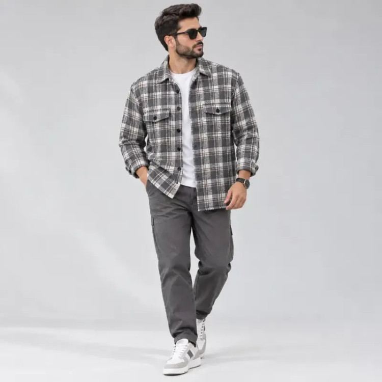شکت پشمی مردانه چهارخونه پاییزه طوسی سایز 2XL و 3XL