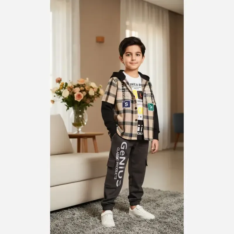 ست سه تیکه بچگانه کشمیر چهارخونه مدل دموند سایز 50