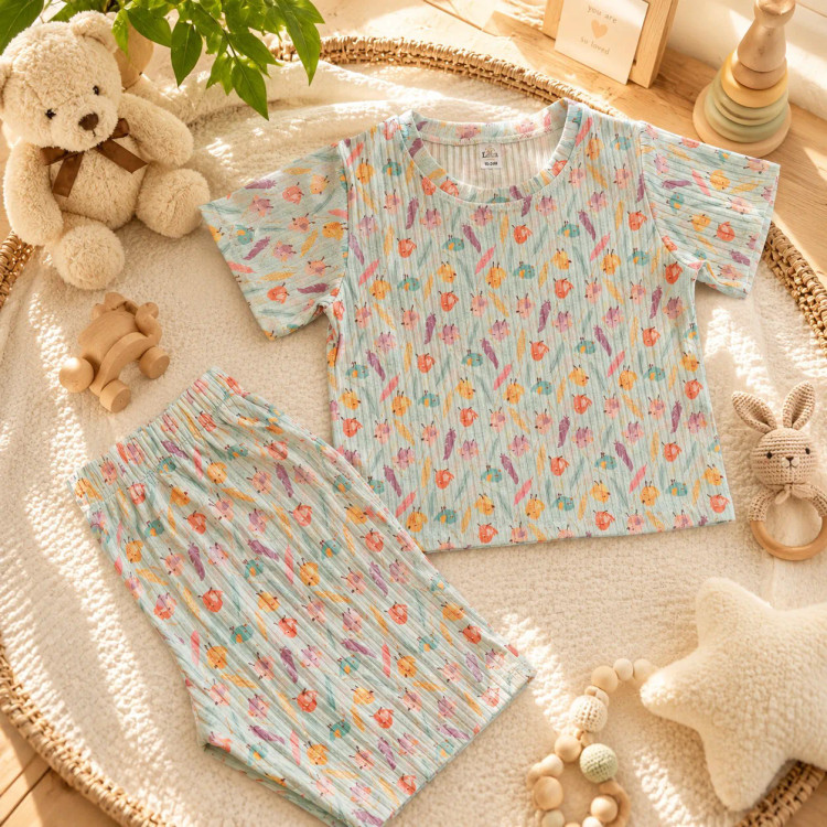 ست تیشرت و شلوارک نوزادی لوکا طرح پرنده نخ پنبه پلیاستر 6 تا 24 ماه