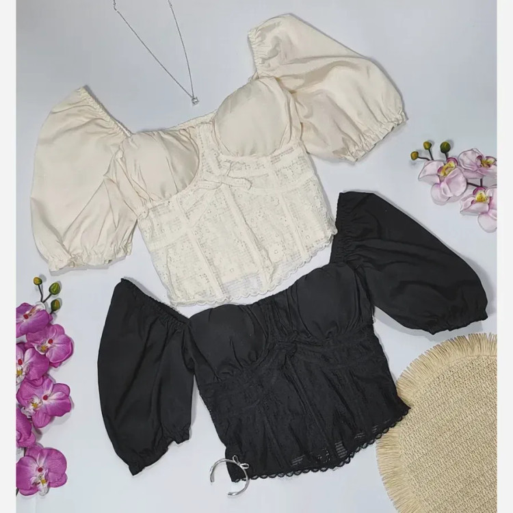 کراپ نیم تنه کاپدار پینترستی آستین پفی جلو تور دانتل فرانسه تک سایز